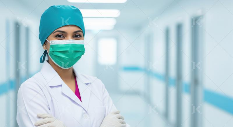 A professional Indian female doctor stands confidently in a hosp