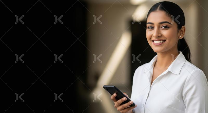 A young Indian woman in a white shirt stands confidently indoors