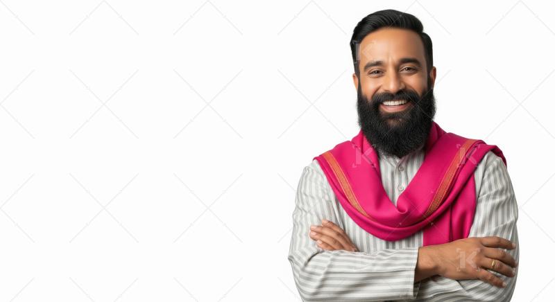 A warm and confident middle-aged Indian man with a beard, dresse