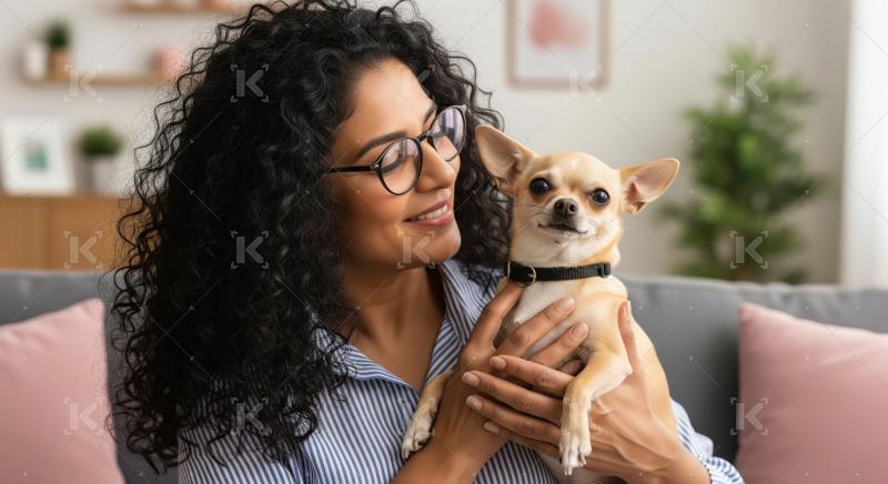 A cheerful Indian woman with curly hair and glasses lovingly hol