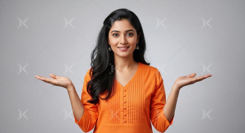 A young Indian woman raising both hands in a welcoming gesture a