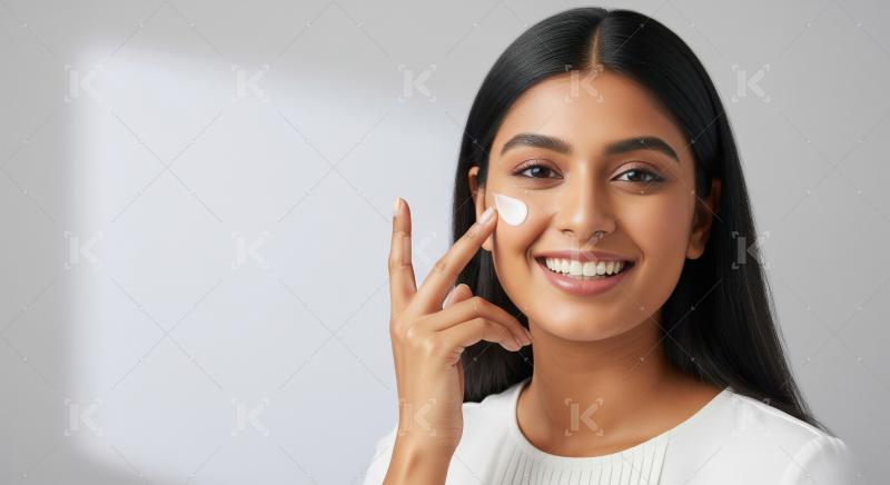 A smiling young Indian woman with long hair applies moisturizer