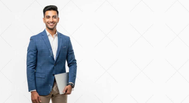 A young Indian businessman in a blue checked suit holds a laptop