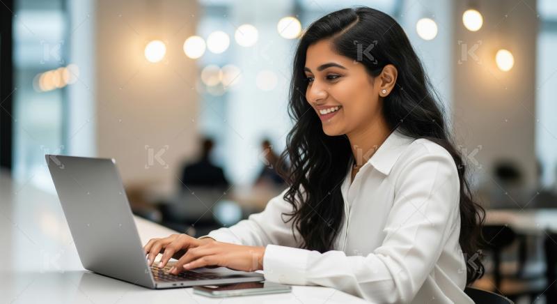 A smiling young Indian woman in a white blouse works on her lapt