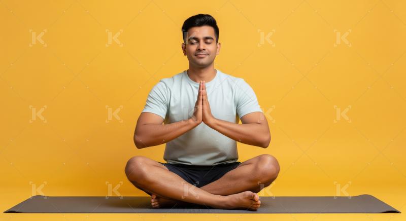 A young Indian man meditates cross-legged on a mat with eyes clo