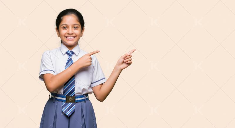 A Indian schoolgirl in uniform confidently points to the side