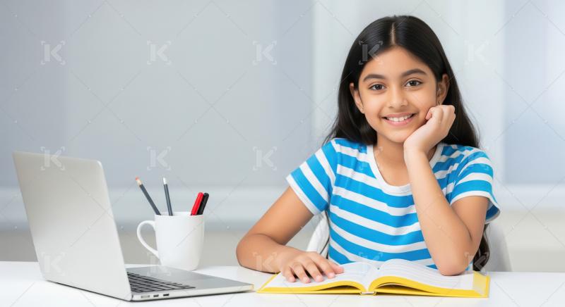A cheerful Indian girl studies at her desk with a laptop and ope