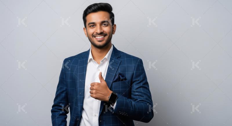 A young Indian man in a blue suit smiles brightly and gives a th