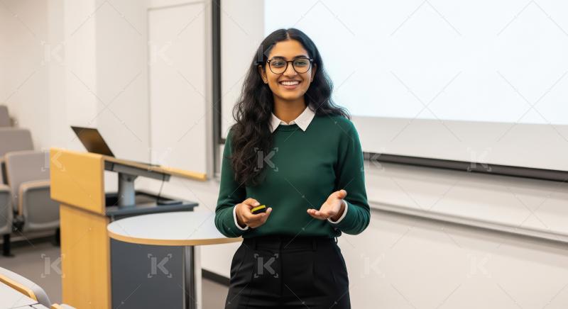 A young Indian woman confidently presents in front of a screen,