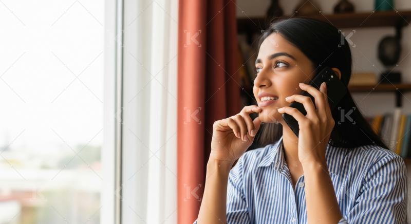A smiling young Indian woman in a striped shirt talks on her pho