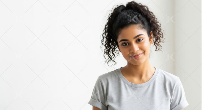 A young Indian woman with dark curly hair in a ponytail smiles g