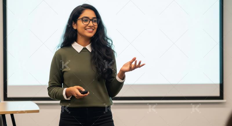 A young Indian woman confidently presents in front of a screen,