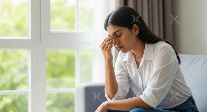 A young Indian woman gently pressing her forehead and showing vi