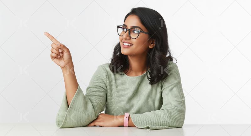 A young Indian woman with black hair and glasses sits at a table