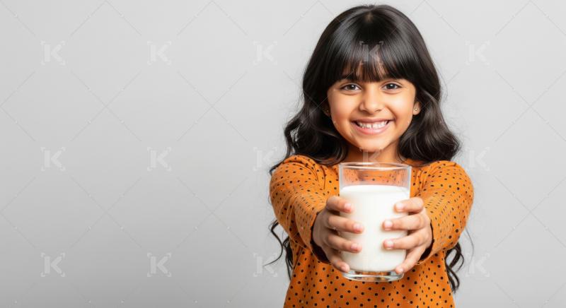 Indian girl in an orange polka dot shirt holds out a glass of mi