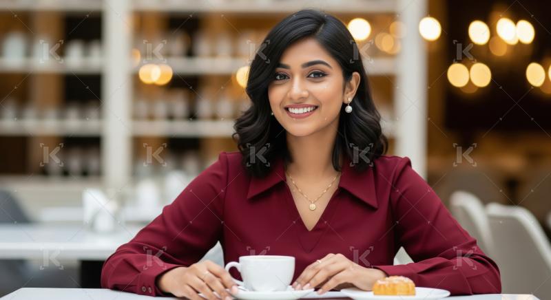 A young Indian woman in a maroon dress sits at a stylish cafe ta