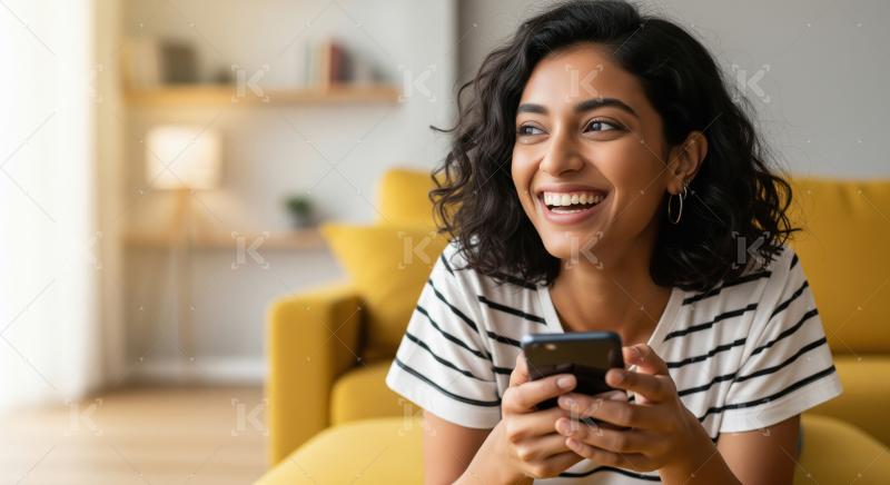 Young beautiful indian woman smiling while using smartphone