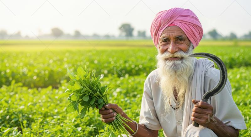 An elderly Indian farmer in a turban sits in a lush green field,