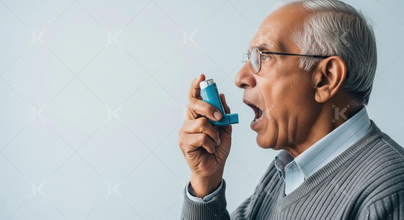 An elderly Indian man in a grey sweater uses a blue inhaler