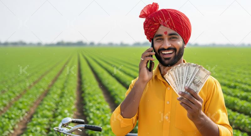 Indian farmer stands in a lush green field, holding Indian rupee