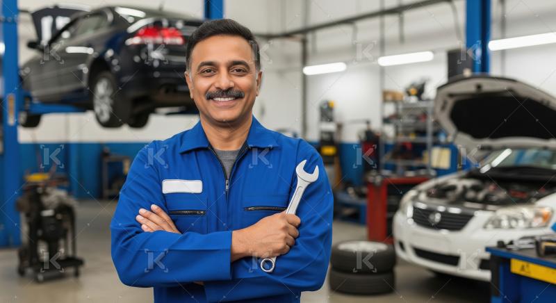 Indian auto mechanic in a blue uniform stands confidently in a g