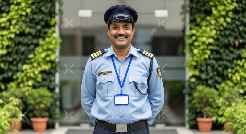 Indian security guard in a blue uniform stands alert outside a m