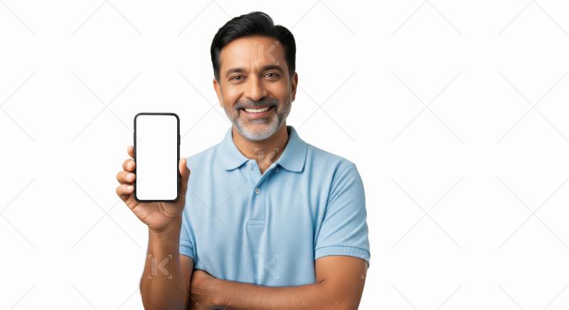 Indian man in a light blue polo shirt stands against a white bac