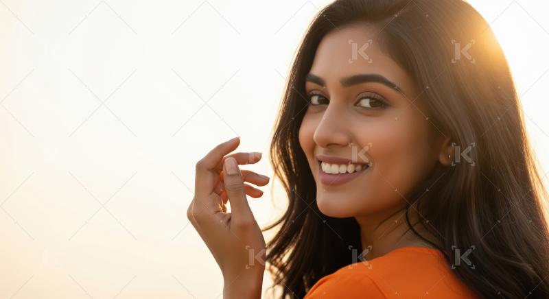 A beautiful young Indian woman with long, voluminous curly hair