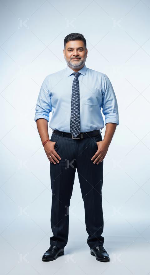 Indian man in formal office attire, blue shirt and tie, stands c