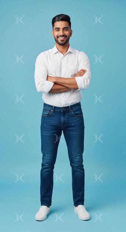 A young Indian man in a crisp white shirt and jeans stands confi