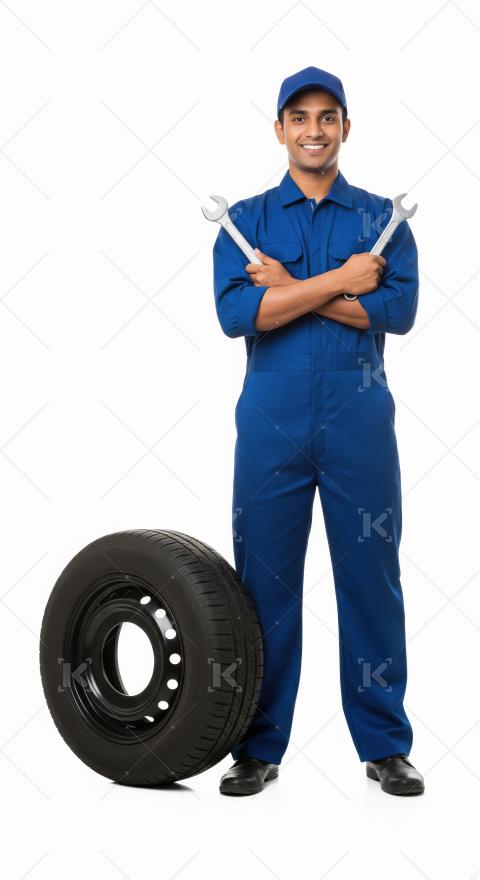 A young Indian male mechanic dressed in blue coveralls stands co