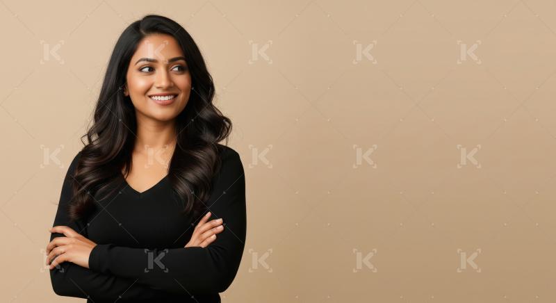A confident and radiant Indian woman stands with arms crossed, s