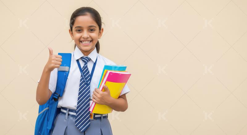 A cheerful Indian schoolgirl with pigtails stands confidently wi