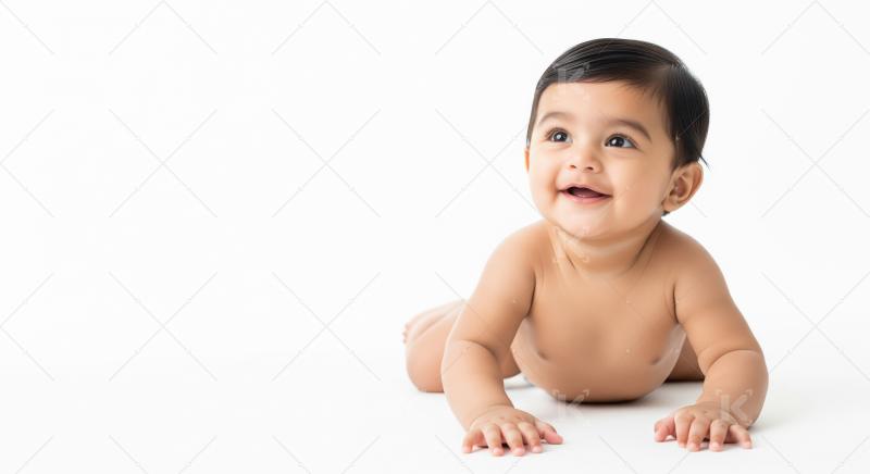An adorable baby with smooth skin and neatly combed hair crawls