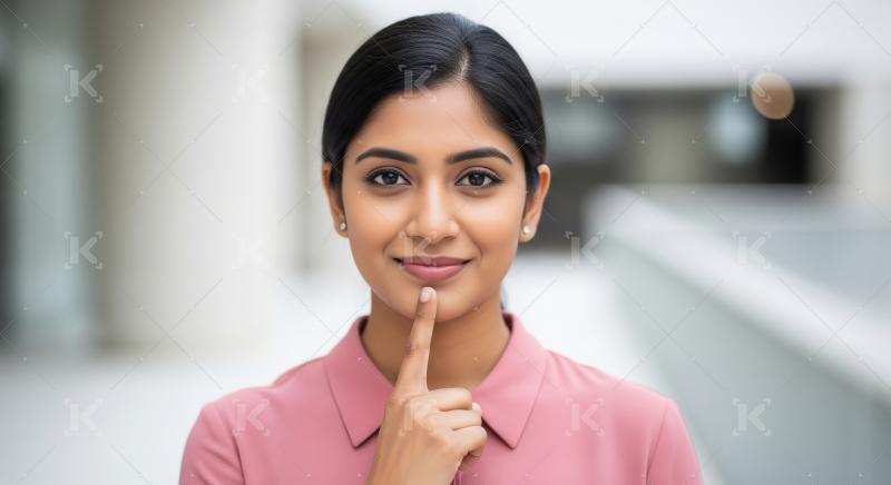 A poised Indian woman in a pink collared shirt gestures for sile