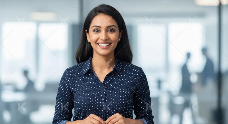 A confident and radiant Indian woman stands with arms crossed, s