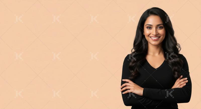 A confident and radiant Indian woman stands with arms crossed, s
