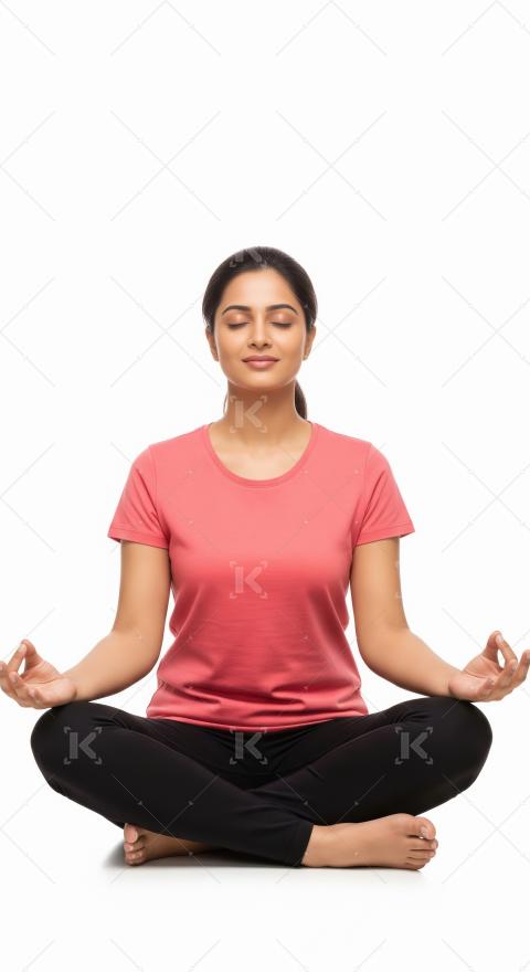 A young Indian woman sits cross-legged in a meditative yoga pose