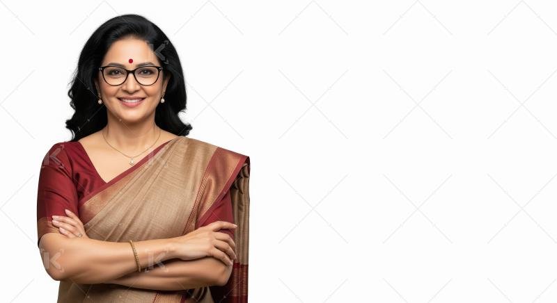 A confident, smiling Indian woman in a saree stands with folded