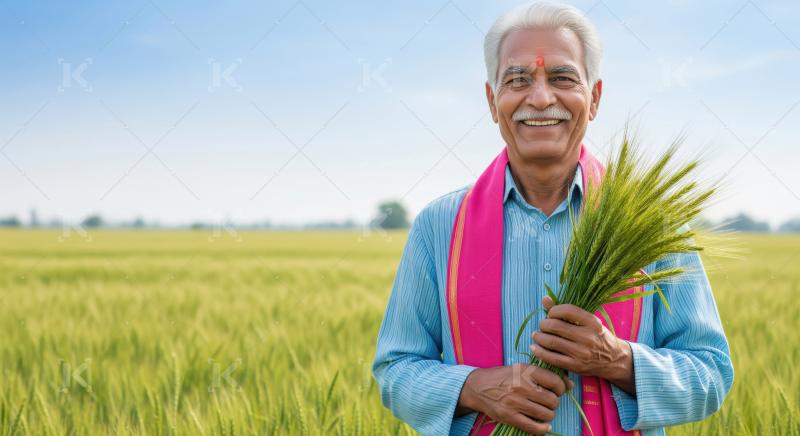 A joyful elderly Indian farmer stands in a lush green field, pro