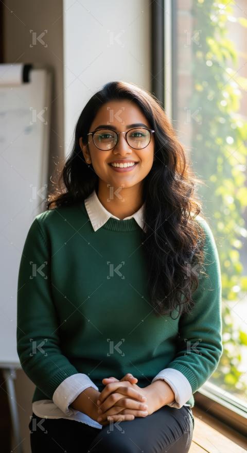 A confident young Indian woman with glasses and long hair stands