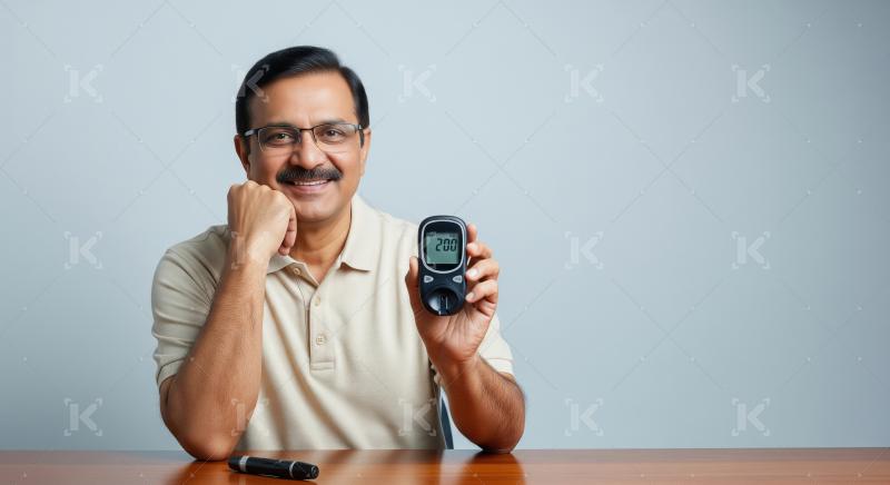 A middle-aged Indian man in a beige polo shirt sits at a table,