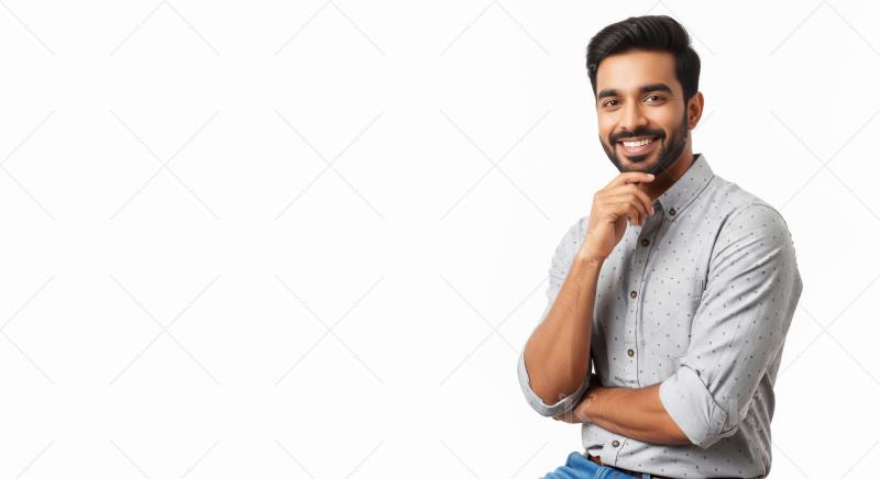 Young indian man standing confidently on white background