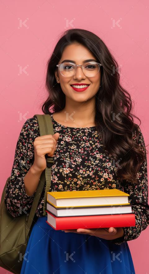 An Indian female student in a floral top and blue skirt holds co