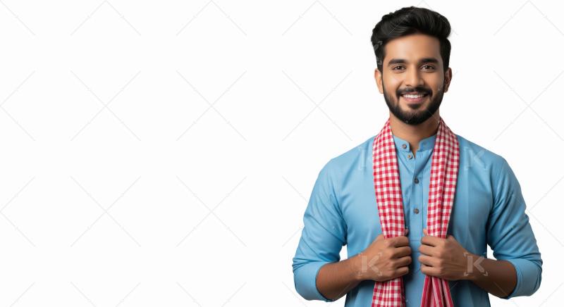 A young Indian man in a blue kurta and checkered scarf stands co