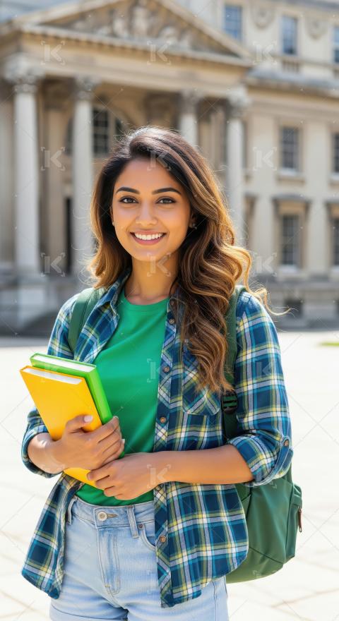 A cheerful Indian female student in a green top and plaid shirt