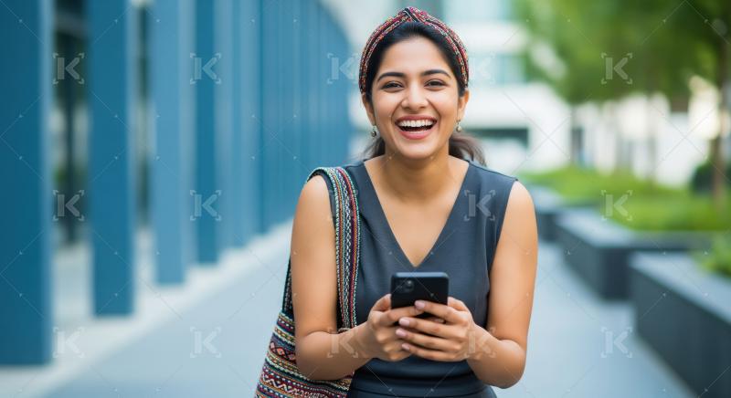 A cheerful young Indian woman with a bright smile is holding a s