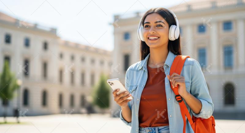 A cheerful young Indian woman with headphones and a backpack smi