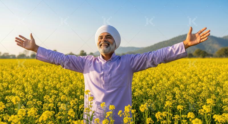 A cheerful Indian farmer stands with open arms in a vibrant yell