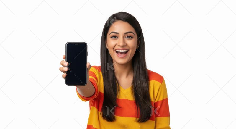 Young beautiful indian woman showing smartphone screen